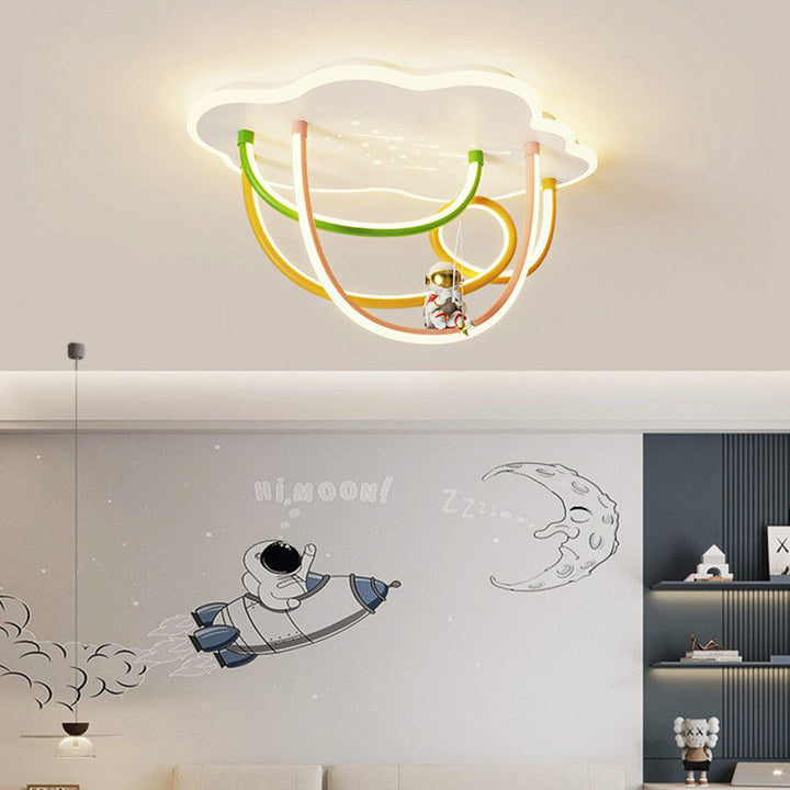 Contemporary Creative Cartoon Astronaut Cloud Iron Aluminum Rainbow Curve LED Kids Flush Mount Ceiling Light For Bedroom