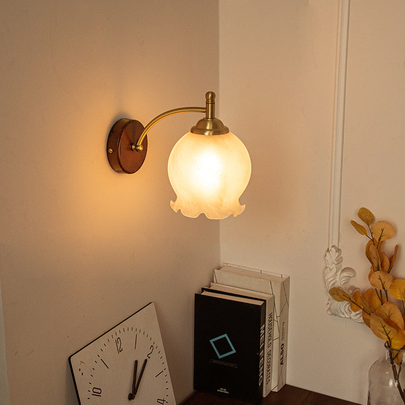 Traditional French Ceramic Glass Flower Shade Solid Wood Base 1-Light Wall Sconce For Living Room