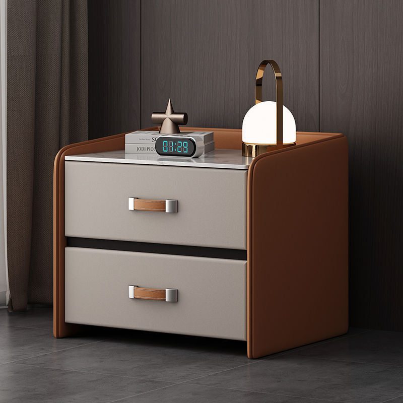Modern Simplicity Rectangular Slab Saddle-Style Faux Leather Wood Nightstand 2-Drawer For Bedside