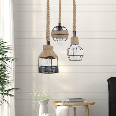 Nordic Retro Iron Hemp Rope Weaving Birdcage 1-Light Pendant Light