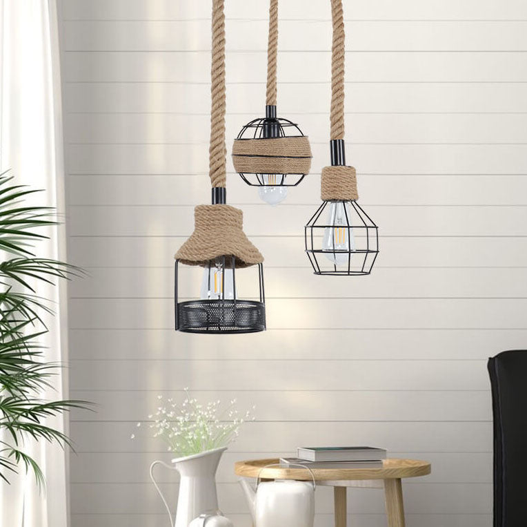 Nordic Retro Eisen Hanfseil Weben Vogelkäfig 1-Licht Pendelleuchte 