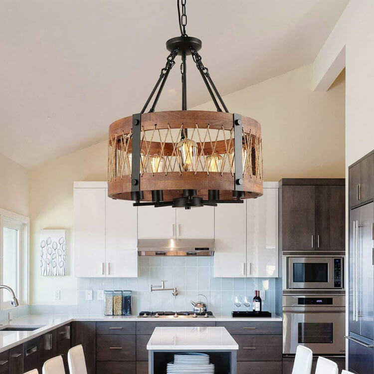 Moderner industrieller 5-flammiger Kronleuchter aus Massivholz, Glas, Eisen, Trommelglas und Kordel für das Esszimmer 