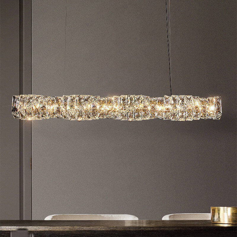 Lustre suspendu moderne en acier inoxydable avec bande de cristal LED pour salle à manger 