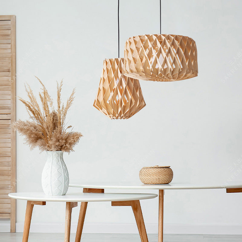Moderne minimalistische runde Diamant Massivholz Skelett 1-Licht Pendelleuchte für Wohnzimmer 