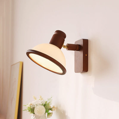 Chinese Vintage Walnut Wood Adjustable Swing Arm Dome 1-Light Wall Sconce Lamp