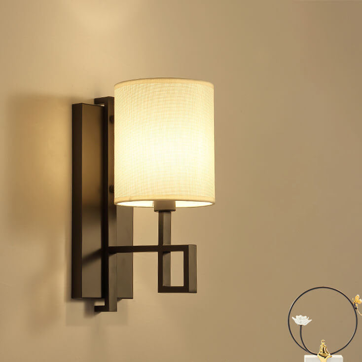 Chinesische Retro Zen Zylindrische Stofflampenschirm 1-Licht Wandlampe 