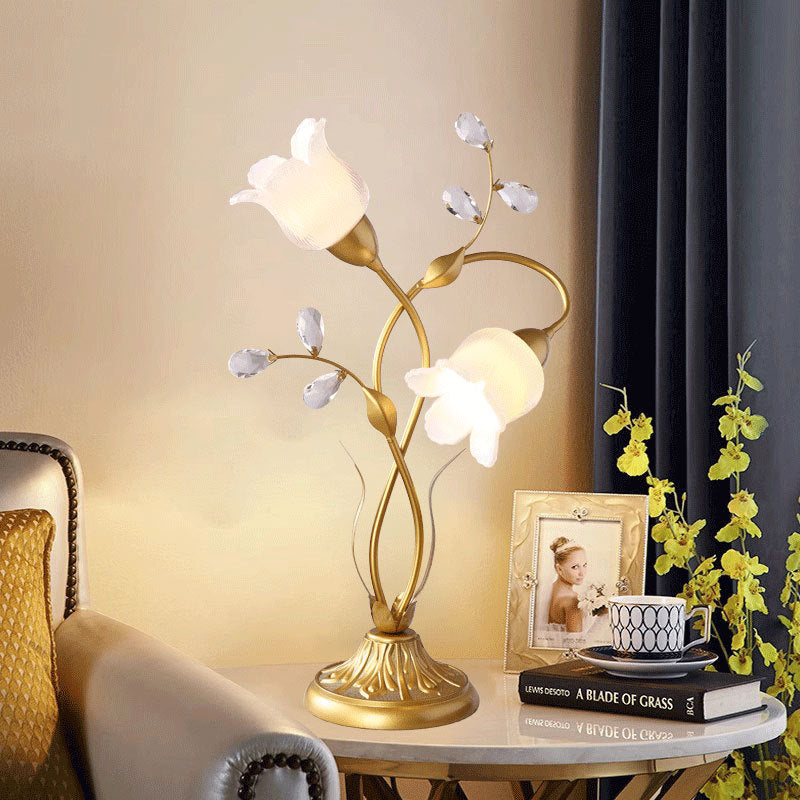Moderne Art Deco Blumen Eisen Glas 2-Licht Tischlampe für Wohnzimmer 