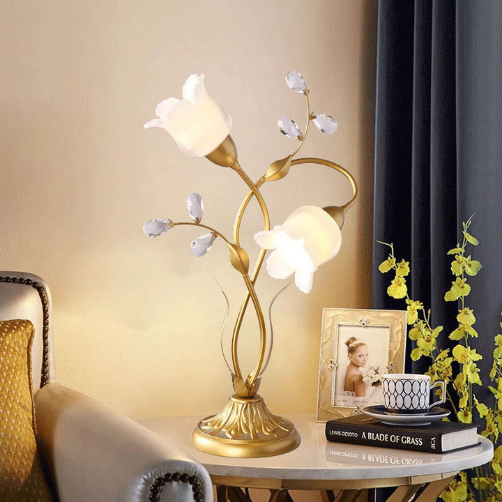 Moderne Art Deco Blumen Eisen Glas 2-Licht Tischlampe für Wohnzimmer 