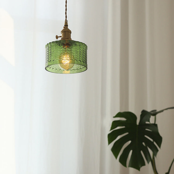 Moderne nordische Pendelleuchte aus Messing, Eisen und klarem Glas in runder Trommelform, kupferfarben, 1-flammig, für Wohnzimmer & Schlafzimmer 
