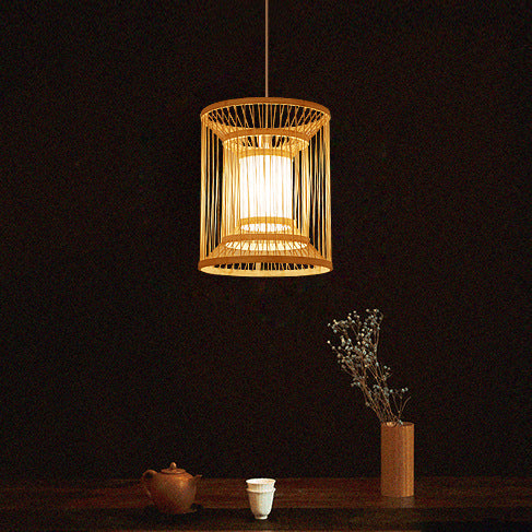Lustre Suspendu Traditionnel Chinois Rond Vertical en Bambou 1 Lumière Pour Salon 