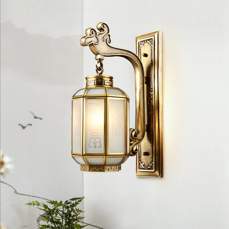 Chinesische Retro Vollkupfer Laterne Mattglas Schirm 1-Licht Wandleuchte 