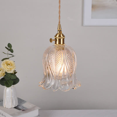 Japanese Vintage Floral Glass Cone Brass 1-Light Pendant Light