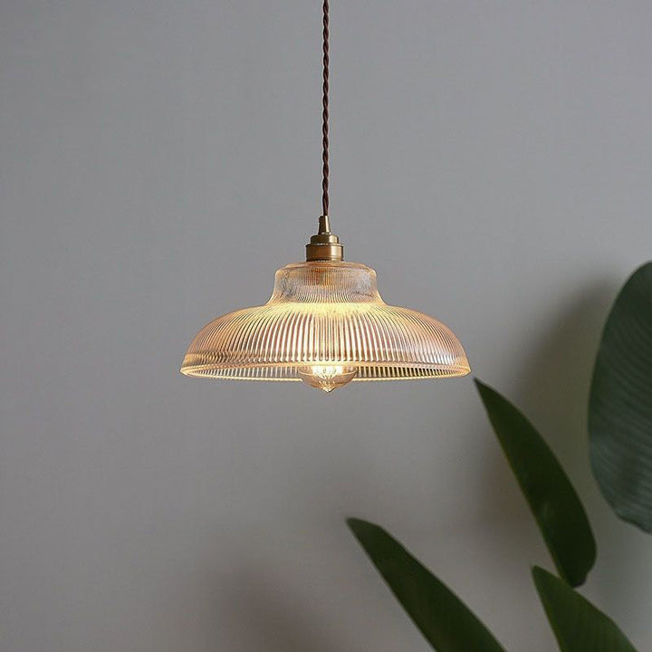 Traditional Japanese Wood Brass Glass Semicircular Loudspeaker 1-Light Pendant Light For Dining Room