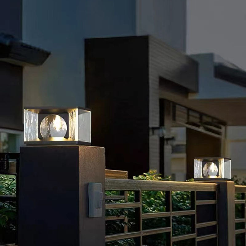 Moderno Minimalista Solar Impermeable Rectángulo Acero Inoxidable Vidrio LED Poste Luz de Cabeza Para Patio Exterior 