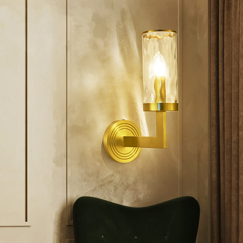 Modern Luxury Textured Glass Cylinder Round Brass 1-Light Wall Sconce Lamp for Living Room