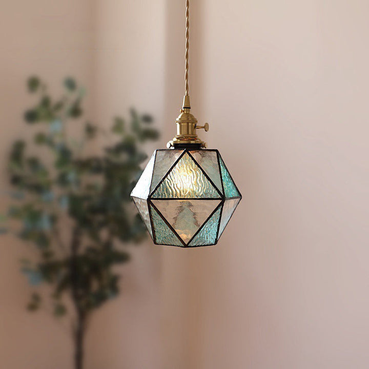 Traditionelle Vintage polygonale Messing Buntglas 1-Licht Pendelleuchte für Wohnzimmer 