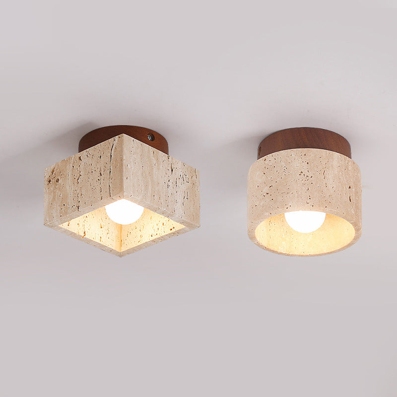 Japanese Wabi-Sabi Yellow Travertine Column Wood 1-Light Semi-Flush Mount Ceiling Light