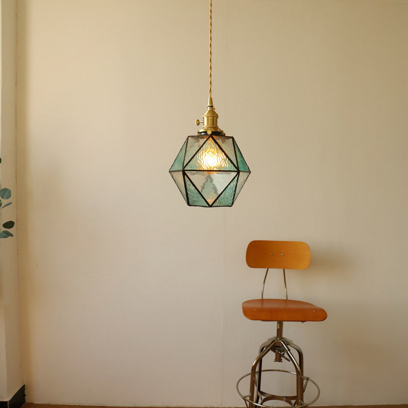 Traditionelle Vintage polygonale Messing Buntglas 1-Licht Pendelleuchte für Wohnzimmer 