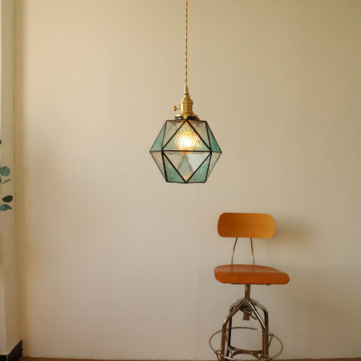 Traditionelle Vintage polygonale Messing Buntglas 1-Licht Pendelleuchte für Wohnzimmer 