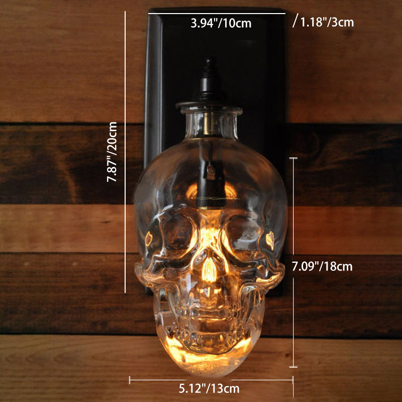 Contemporary Creative Round Skull Glass Iron 1-Light Halloween Wall Sconce Lamp For Living Room