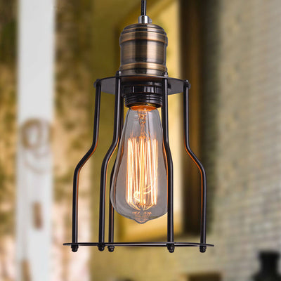 Vintage Industrial Iron Hollow Cage Jar 1-Light Pendant Light