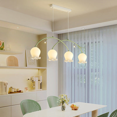 Simplicité Contemporaine Abat-jour en Verre à Fleurs Arc Bande de Fer Lustre Îlot à 3/4 Lumières pour Chambre 