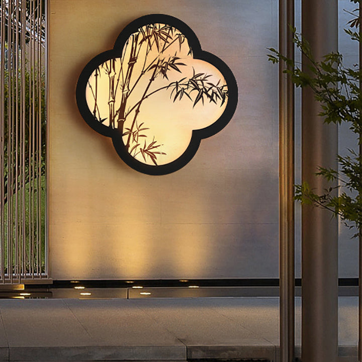 Applique murale extérieure LED en fer et acrylique avec motif bambou étanche traditionnel chinois en forme de trèfle pour jardin 