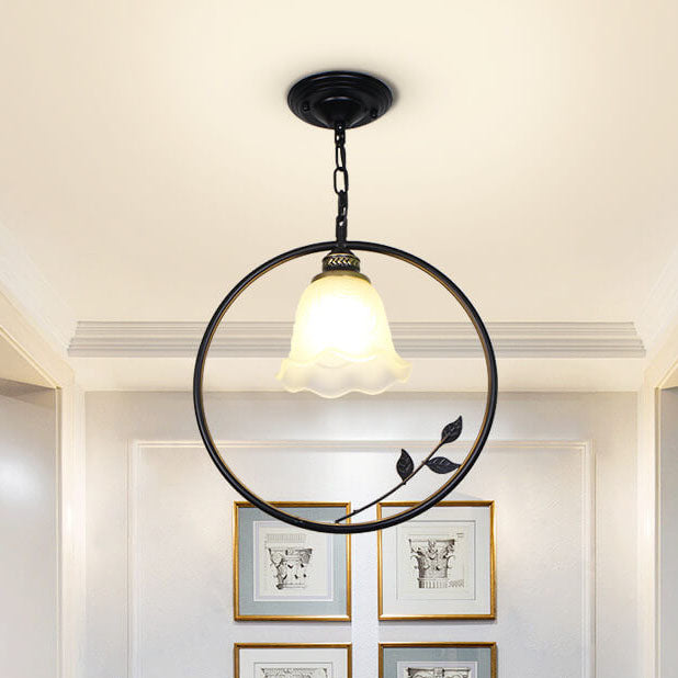 Creative Flower Bud Glass Shade Circle Ring Wrought Iron 1-Light Pendant Light