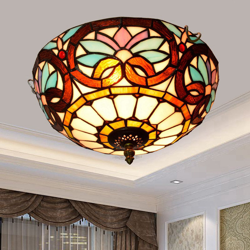 Traditionelle Tiffany Kuppel Eisen Glas 2-Licht Unterputzleuchte für Wohnzimmer 