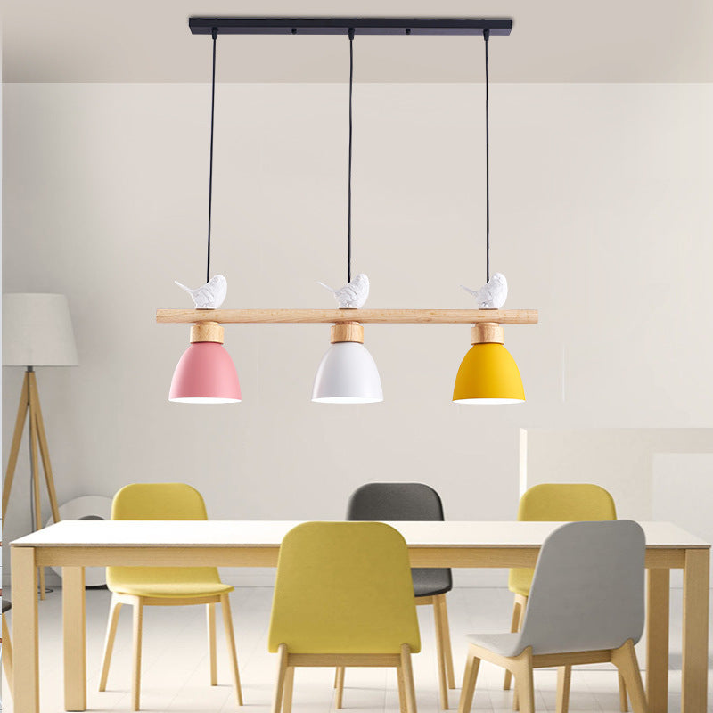 Lustre contemporain scandinave rond en bois de fer et résine à 3 lumières pour salle à manger 