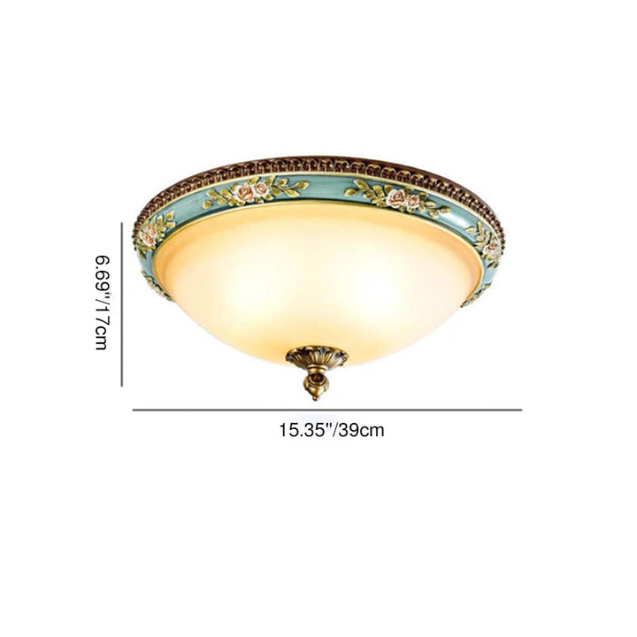 Traditional European Engraved Resin Frame Glass Dome Shade 2-Light Flush Mount Ceiling Light For Living Room