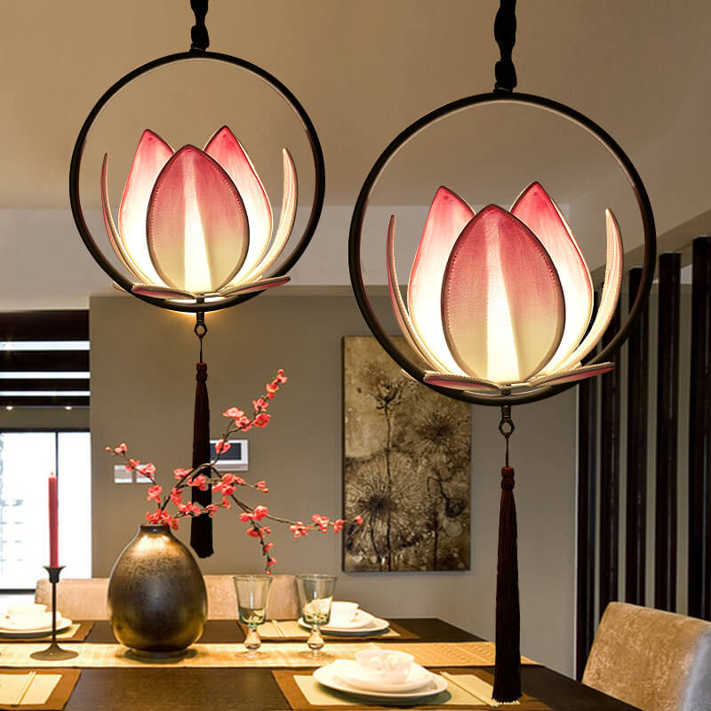 Chinese Zen Lotus Fabric Shade Iron Circle Ring Tassel 1-Light Pendant Light