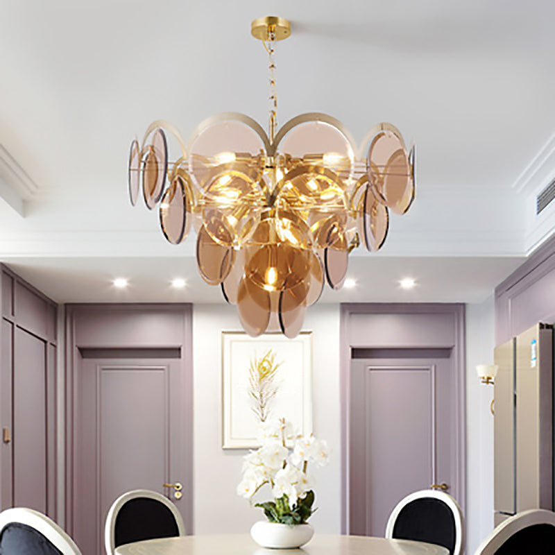 Moderner Luxus-Kronleuchter mit goldenem Finish, abgestufter Glasscheibenschirm, 7/13 Lichter, für Wohnzimmer 