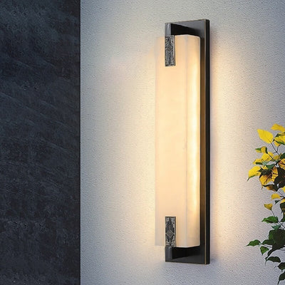 Modern Transitional Rectangular Copper Marble LED Outdoor Wall Sconce Lamp For Outdoor Patio