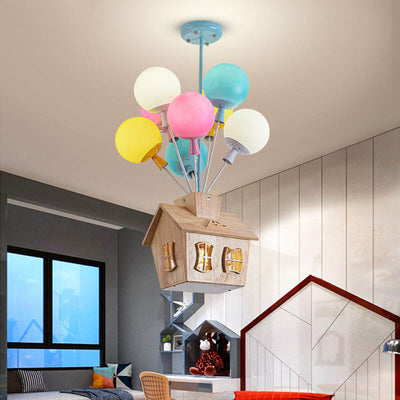 Contemporary Creative House Balloon Iron Wood Glass 9-Light Chandelier For Bedroom