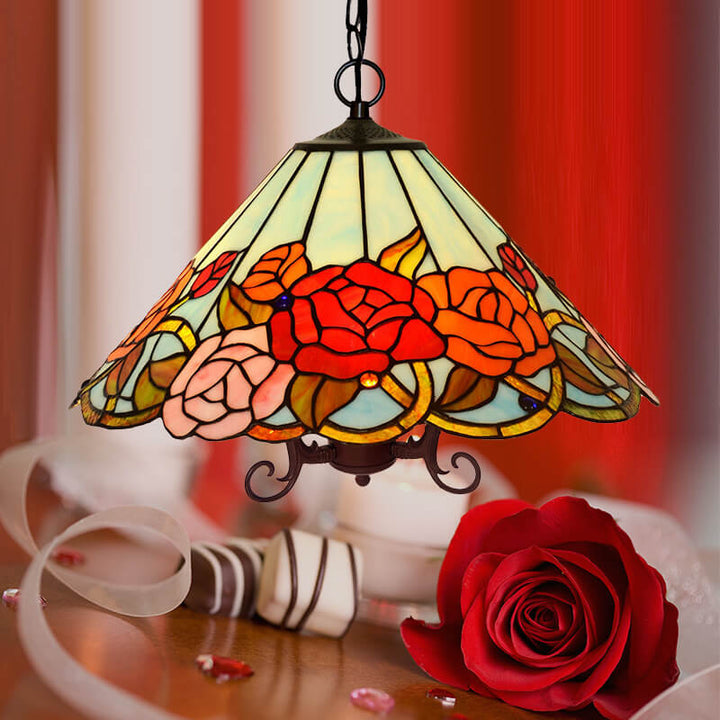 Vintage Tiffany Rose Flower Decor Stained Glass 3-Light Chandelier
