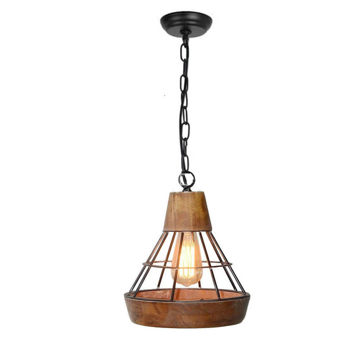 Französische industrielle Schmiedeeisen-Holz-Trichterrahmen 1-Licht-Pendelleuchte 