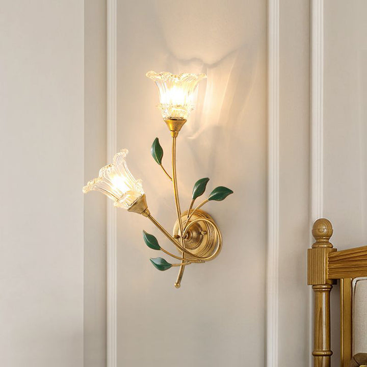 Traditionelle europäische Eisen Kristallglas Blume verlassen 2-Licht Wandleuchte Lampe für Wohnzimmer 