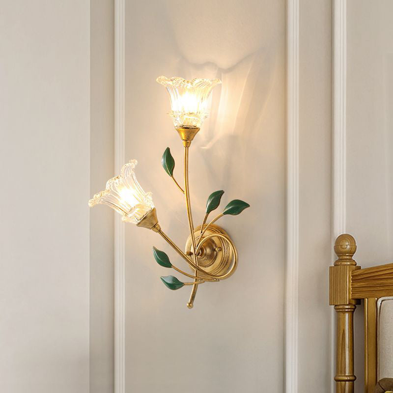 Traditional European Iron Crystal Glass Flower Leave 2-Light Wall Sconce Lamp For Living Room