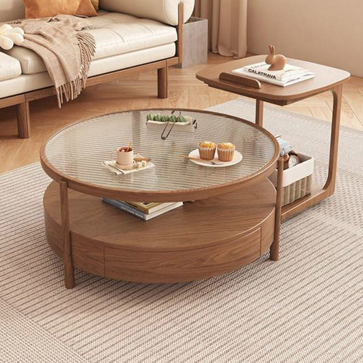 Zeitgenössischer japanischer quadratischer runder Glas-Holz-Beistelltisch 2-stufig für das Wohnzimmer 