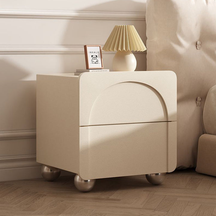 Modern Minimalist Rectangular Round Ball Base Pine Microfiber Leather MDF Stainless Steel Nightstand 2-Drawer For Bedroom