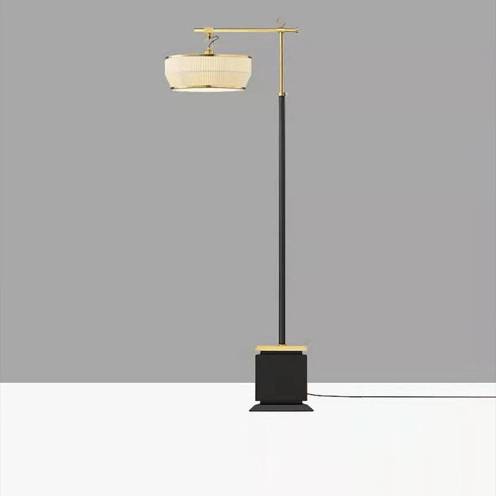 Lampadaire pour salon avec abat-jour plissé en tissu chinois traditionnel et base en matériel, 1 lumière 