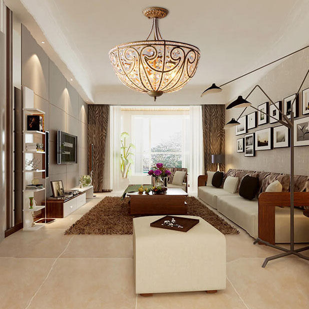 Traditional French Crystal Bead Strings Bowl Gold Iron 5-Light Semi-Flush Mount Ceiling Light For Living Room