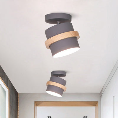 Contemporary Nordic Round Cylinder Iron Wood 1-Light Semi-Flush Mount Ceiling Light For Hallway