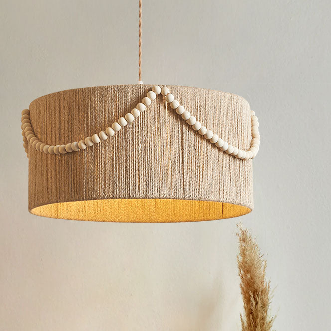 Modern Creative Hemp Rope Wooden Bead Cylinder 1-Light Pendant Light