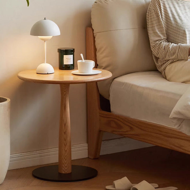 Traditional Rustic Round Oak Wood Iron Side Table For Living Room