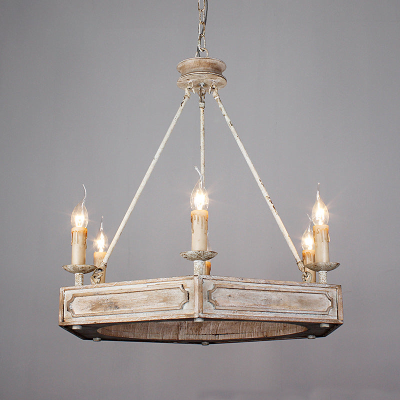 Chandelier hexagonal en fer à 6 lumières avec poutre en bois sculptée blanche rustique traditionnelle pour salon