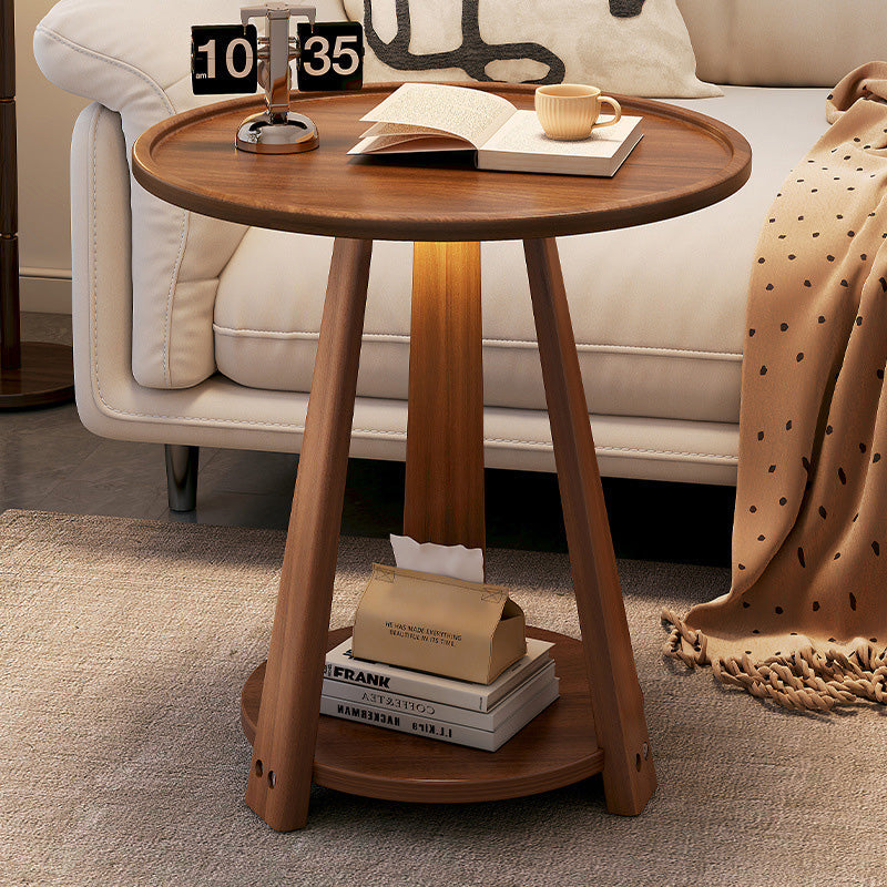 Modern Minimalist Round Tripod Rubberwood Coffee Table 2-Tier For Living Room