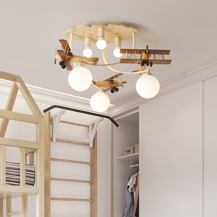 Luz de techo empotrada de 6 luces de avión de vidrio de madera de goma de hierro nórdico contemporáneo para dormitorio 