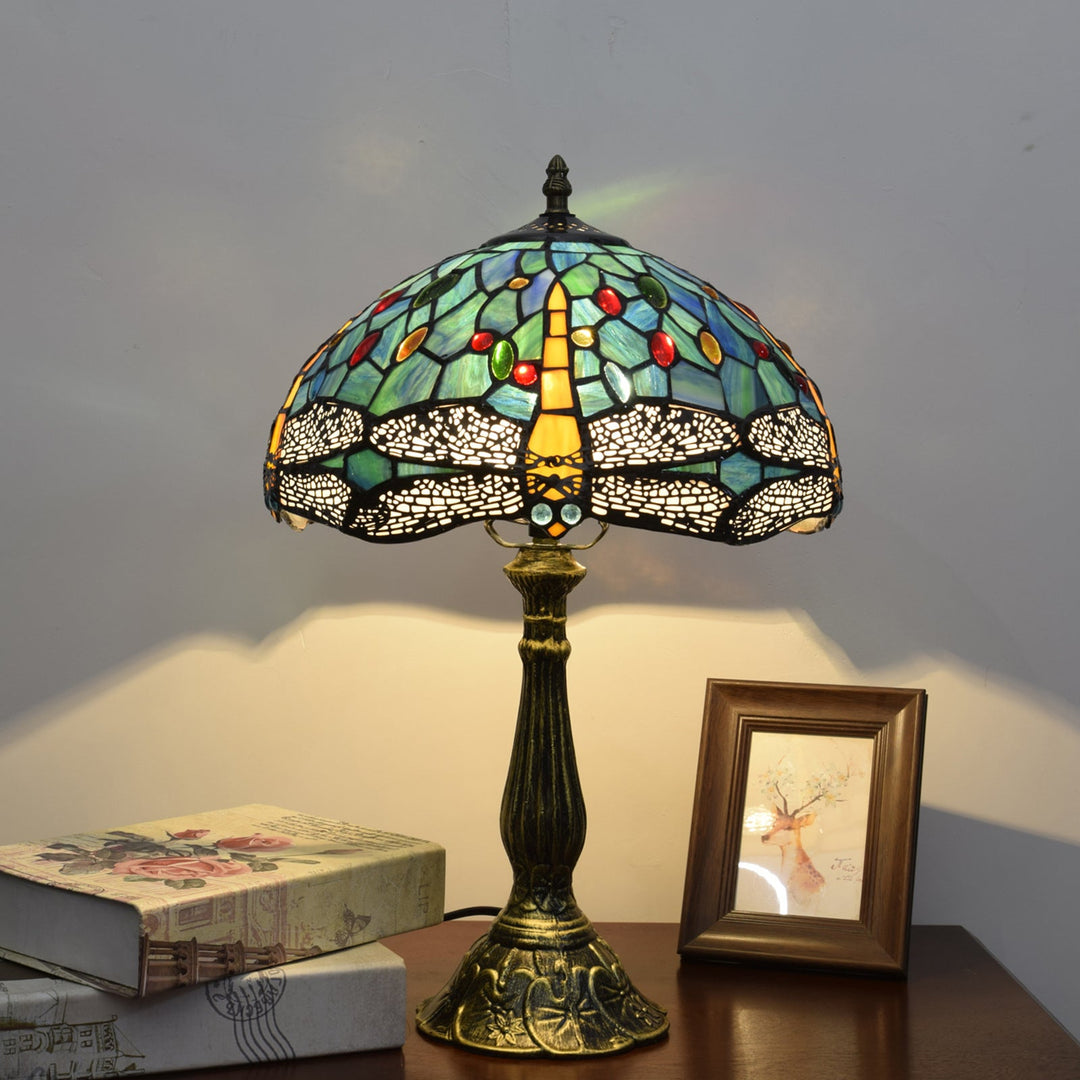 Traditional Tiffany Dragonfly Stained Glass 1-Light Table Lamp For Study